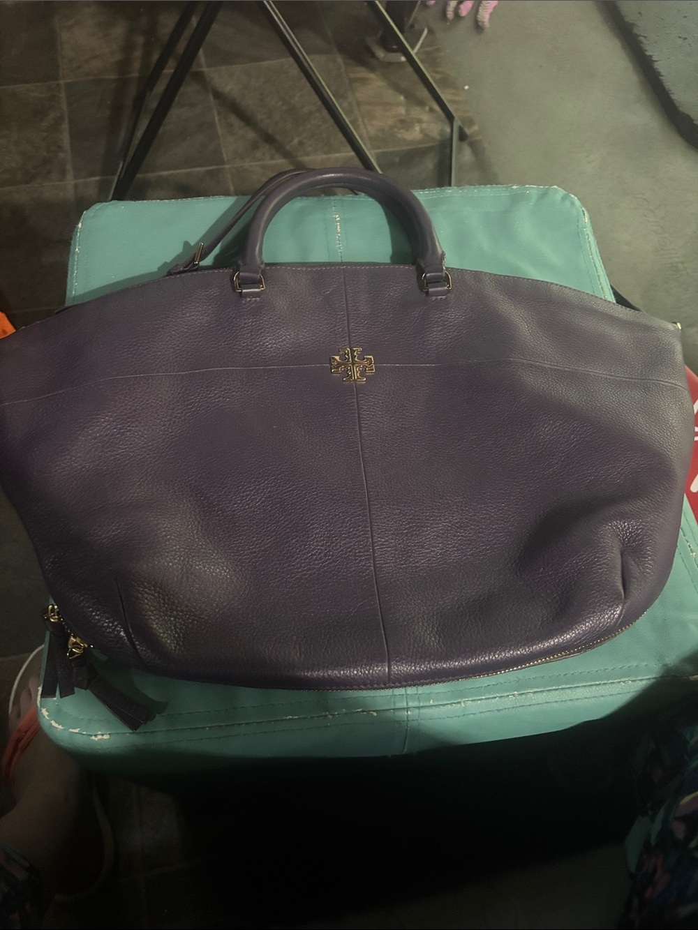 Tory Burch Deep Purple Pebbled Leather Tote with Gold Logo